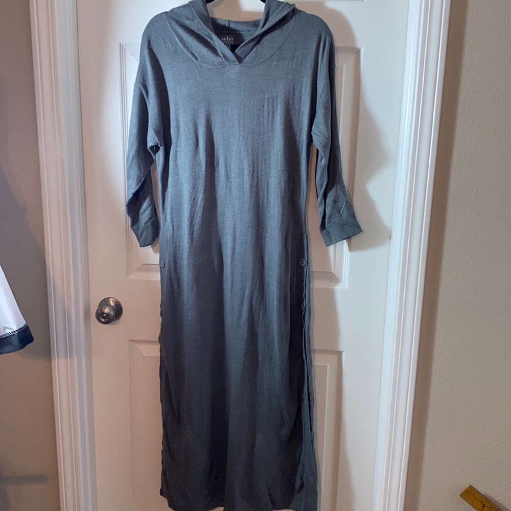 Soho Sweater Dress Full Length Side Buttons with Hood Gray 3/4 Sleeve  Knit